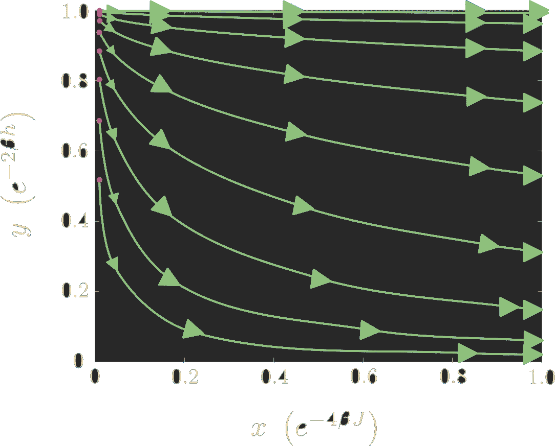 One of my original figures from the report, showing the flow of coupling constants under the flow of temperature. (With colour scheme adjusted for aesthetic purposes!)